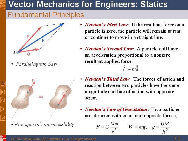 Eighth Edition Vector Mechanics for Engineers: Statics Fundamental Principles • Newton’s First Law: If