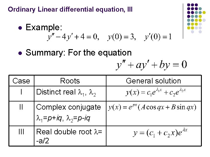 Ordinary Linear differential equation, III l Example: l Summary: For the equation Case Roots