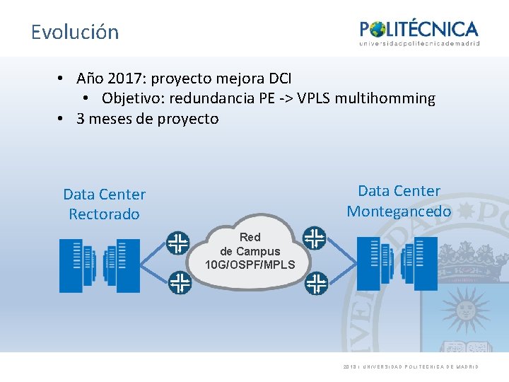 Evolución • Año 2017: proyecto mejora DCI • Objetivo: redundancia PE -> VPLS multihomming