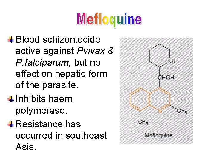 Blood schizontocide active against Pvivax & P. falciparum, but no effect on hepatic form