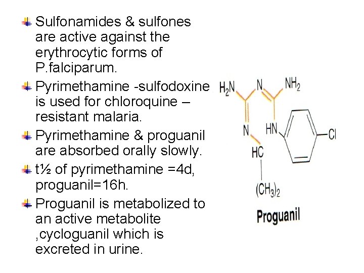Sulfonamides & sulfones are active against the erythrocytic forms of P. falciparum. Pyrimethamine -sulfodoxine