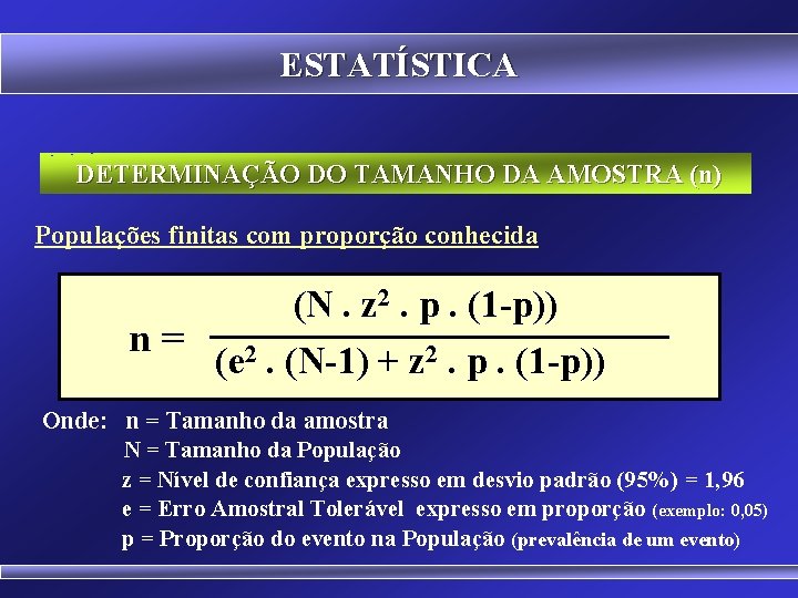 ESTATÍSTICA DETERMINAÇÃO DO TAMANHO DA AMOSTRA (n) Populações finitas com proporção conhecida n= (N.
