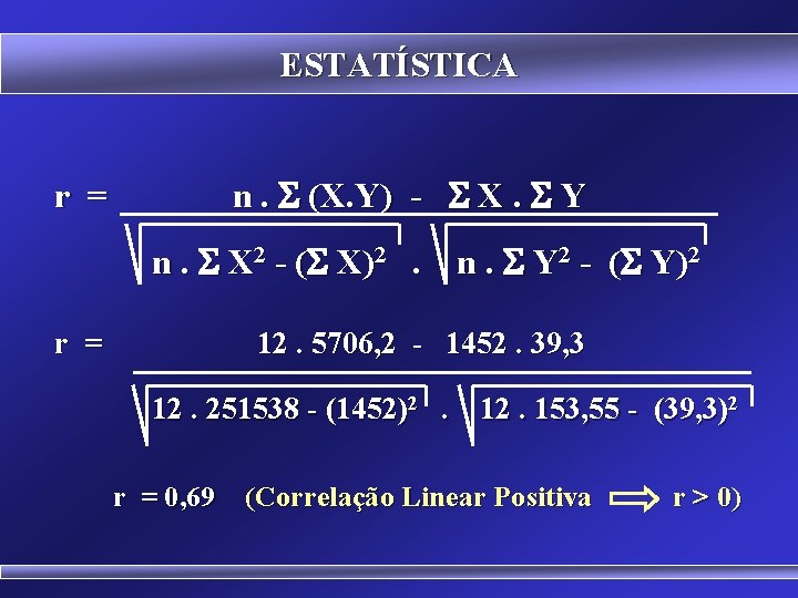 ESTATÍSTICA r = n. (X. Y) - X. Y n. X 2 - (