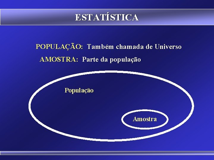 ESTATÍSTICA POPULAÇÃO: Também chamada de Universo AMOSTRA: Parte da população População Amostra 