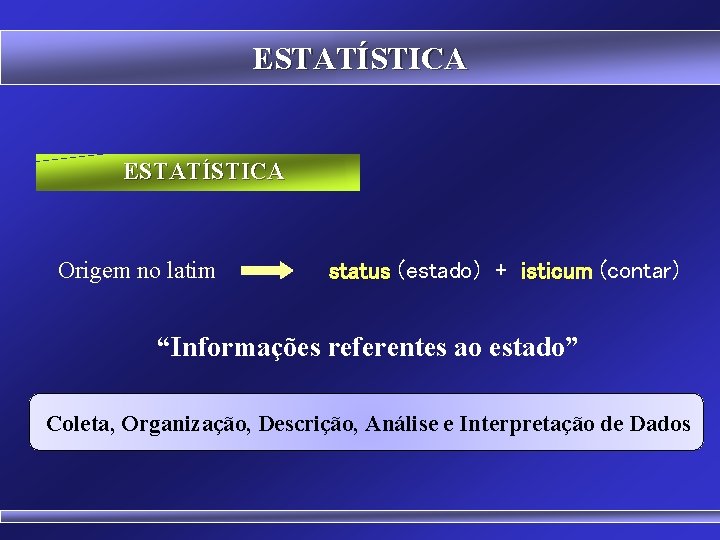 ESTATÍSTICA Origem no latim status (estado) + isticum (contar) “Informações referentes ao estado” Coleta,