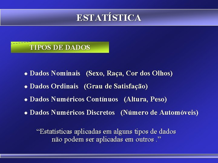 ESTATÍSTICA TIPOS DE DADOS ® Dados Nominais (Sexo, Raça, Cor dos Olhos) ® Dados