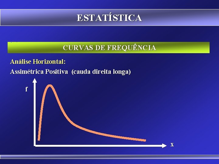 ESTATÍSTICA CURVAS DE FREQUÊNCIA Análise Horizontal: Assimétrica Positiva (cauda direita longa) f x 