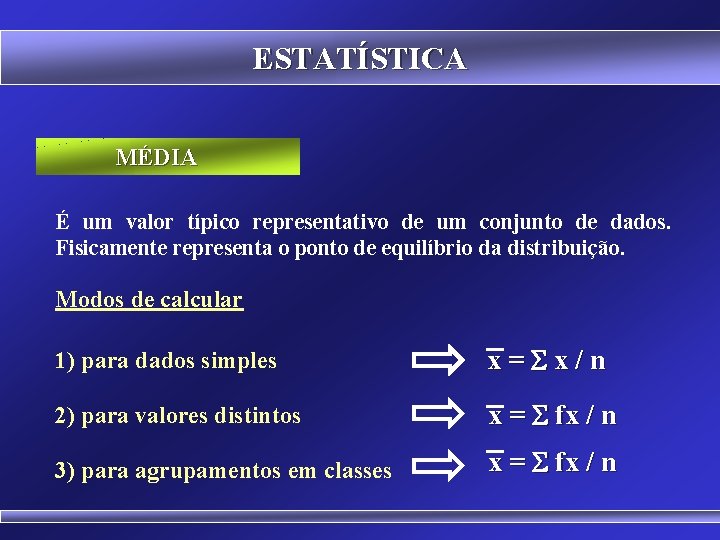 ESTATÍSTICA MÉDIA É um valor típico representativo de um conjunto de dados. Fisicamente representa