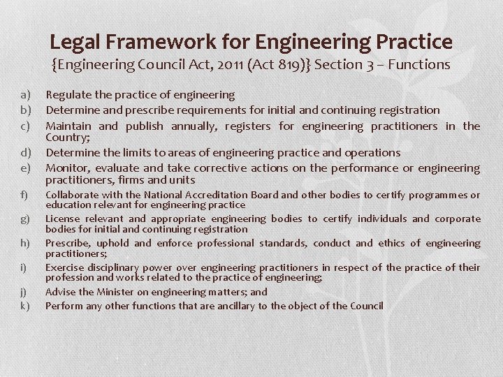 Legal Framework for Engineering Practice {Engineering Council Act, 2011 (Act 819)} Section 3 –