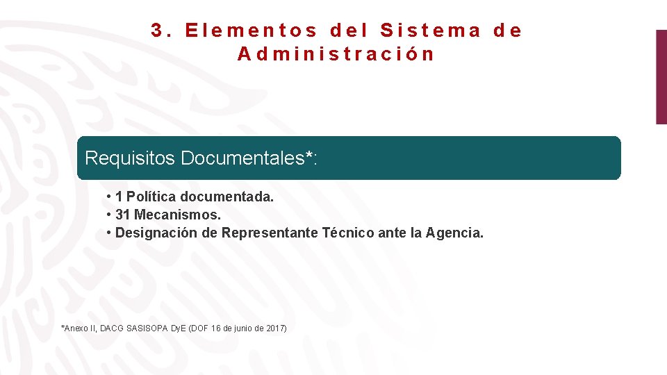 3. Elementos del Sistema de Administración Requisitos Documentales*: • 1 Política documentada. • 31