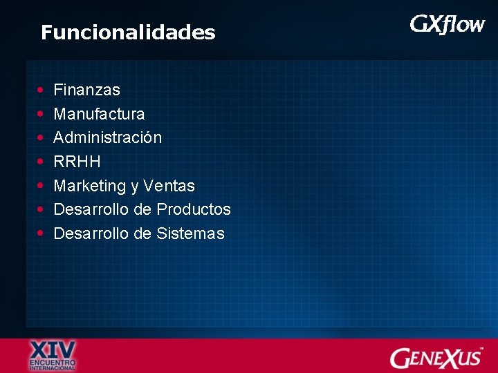 Funcionalidades Finanzas Manufactura Administración RRHH Marketing y Ventas Desarrollo de Productos Desarrollo de Sistemas