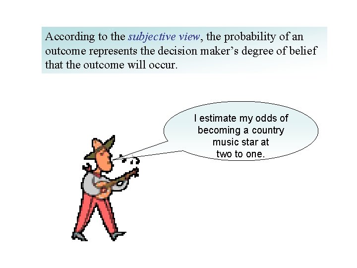 According to the subjective view, the probability of an outcome represents the decision maker’s
