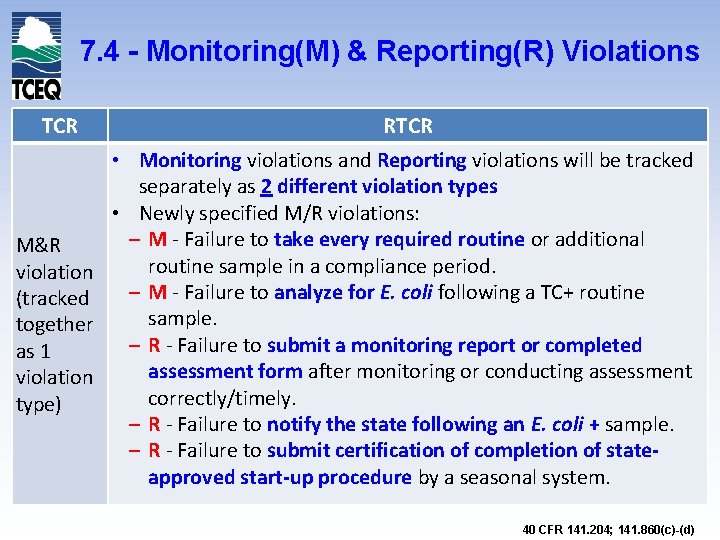 7. 4 - Monitoring(M) & Reporting(R) Violations TCR RTCR • Monitoring violations and Reporting