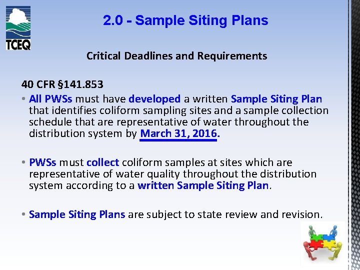 2. 0 - Sample Siting Plans Critical Deadlines and Requirements 40 CFR § 141.