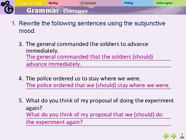 Listening and speaking Reading Grammar Writing Culture express Grammar- Exercises 1. Rewrite the following