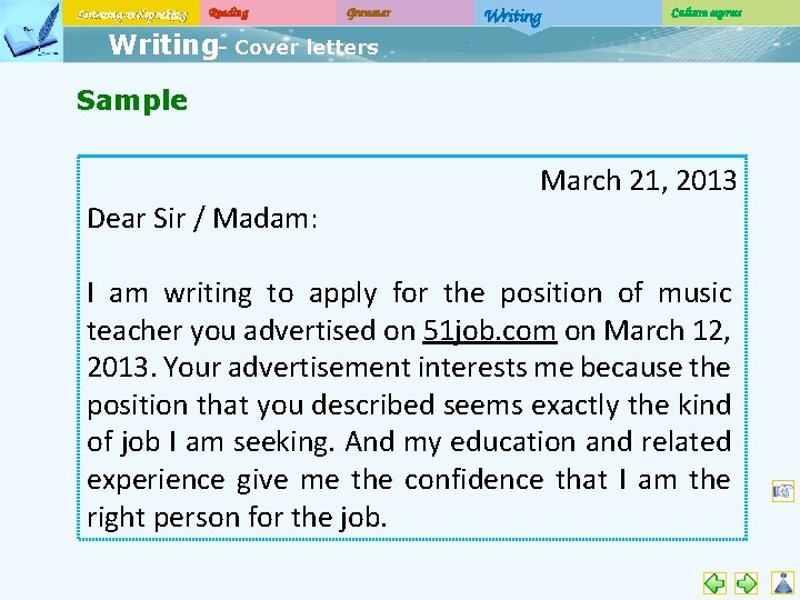 Listening and speaking Reading Grammar Writing Culture express Writing- Cover letters Sample Dear Sir