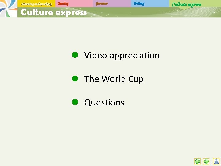 Listening and speaking Reading Grammar Writing Culture express l Video appreciation l The World