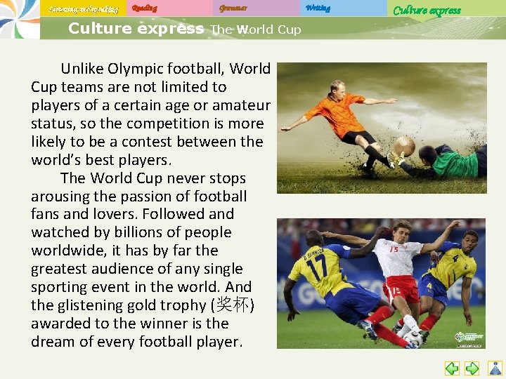 Listening and speaking Reading Grammar Culture express- The World Cup Unlike Olympic football, World