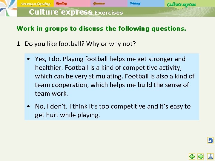 Listening and speaking Reading Grammar Writing Culture express- Exercises Work in groups to discuss