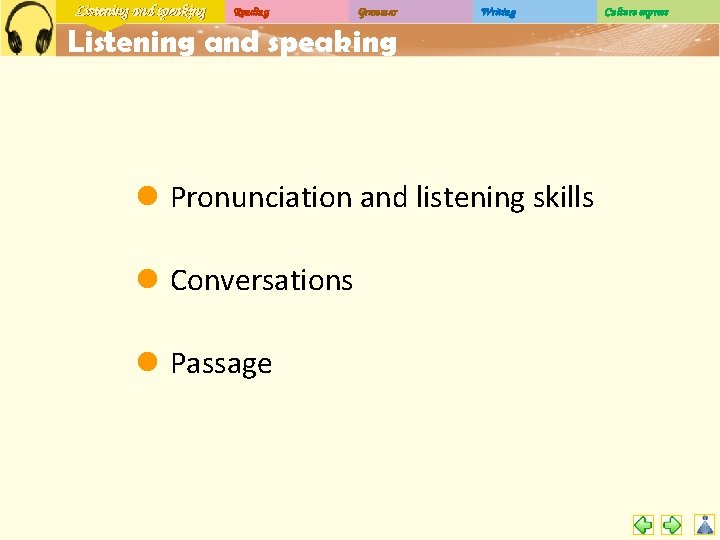 Listening and speaking Reading Grammar Writing Listening and speaking l Pronunciation and listening skills