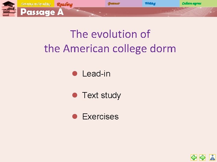 Listening and speaking Reading Grammar Writing Passage A The evolution of the American college