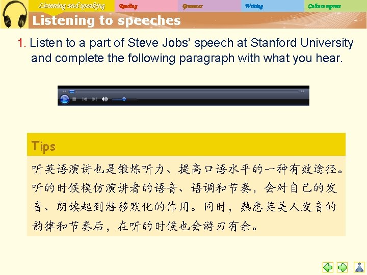Listening and speaking Reading Grammar Writing Culture express Listening to speeches 1. Listen to