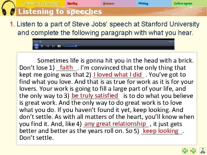 Listening and speaking Reading Grammar Writing Culture express Listening to speeches 1. Listen to