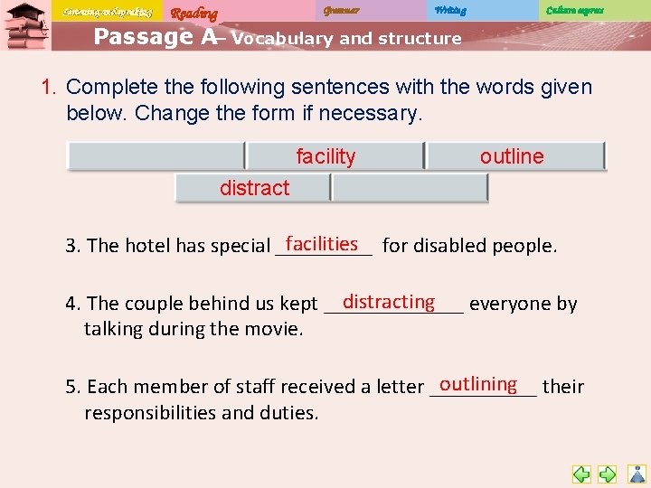 Listening and speaking Reading Grammar Writing Culture express Passage A– Vocabulary and structure 1.