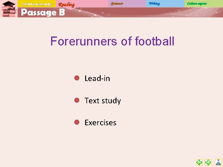 Listening and speaking Reading Grammar Writing Passage B Forerunners of football l Lead-in l
