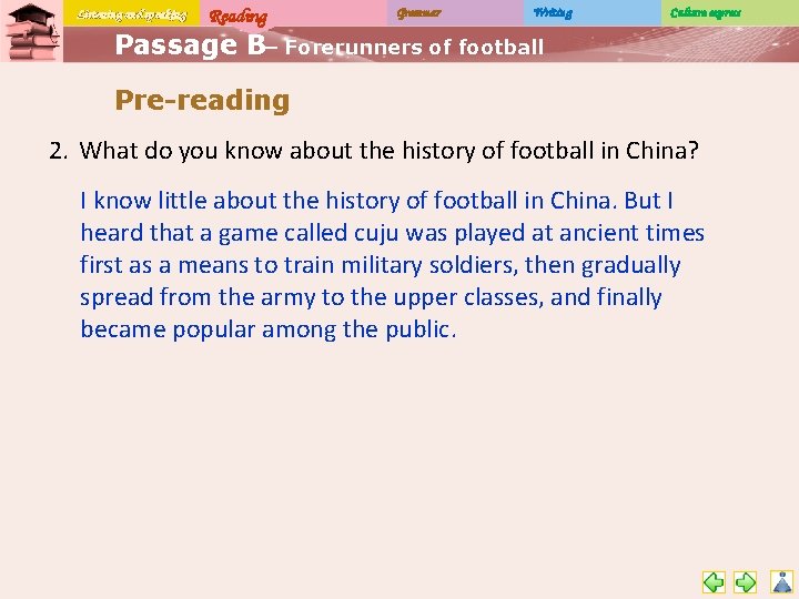 Listening and speaking Reading Grammar Writing Culture express Passage B– Forerunners of football Pre-reading