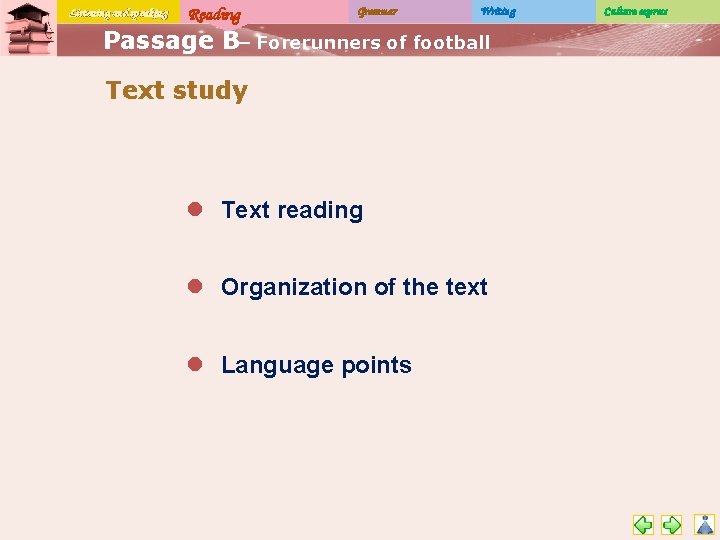 Listening and speaking Reading Grammar Writing Passage B– Forerunners of football Text study l