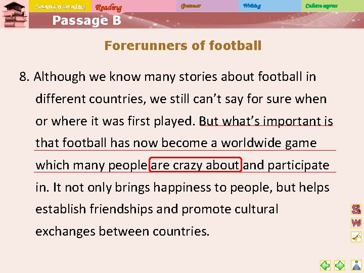 Listening and speaking Reading Grammar Writing Culture express Passage B Forerunners of football 8.