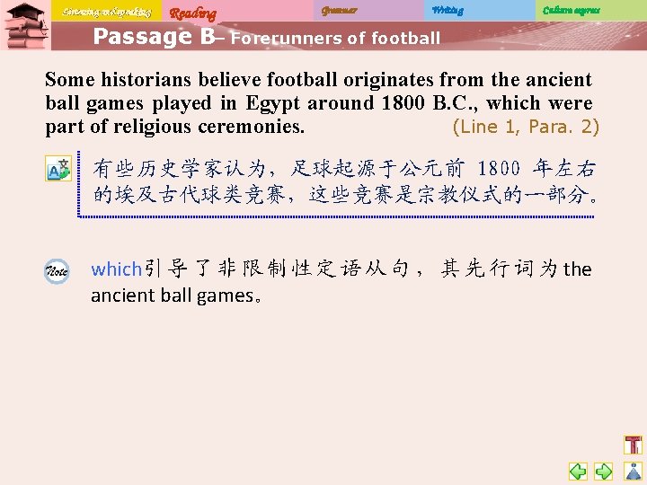 Listening and speaking Reading Grammar Writing Culture express Passage B– Forerunners of football Some