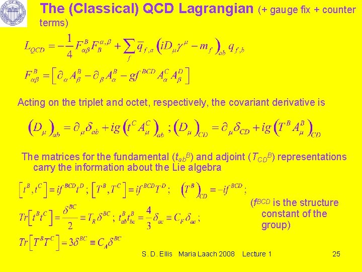 The (Classical) QCD Lagrangian (+ gauge fix + counter terms) Acting on the triplet