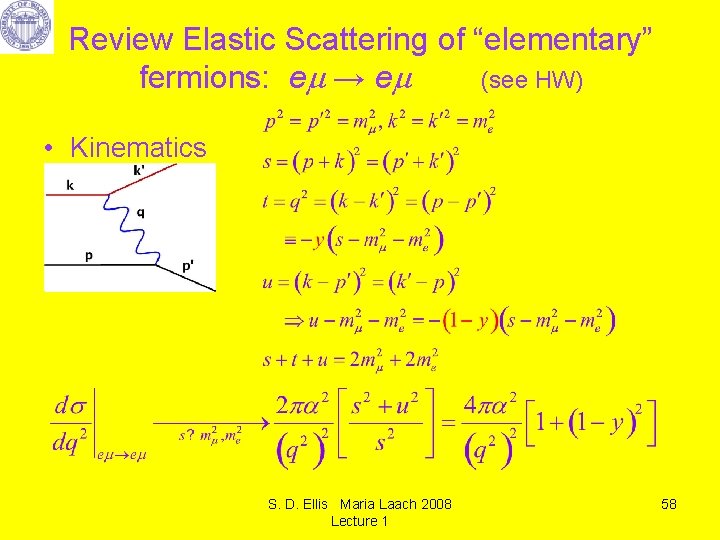 Review Elastic Scattering of “elementary” fermions: e → e (see HW) • Kinematics S.