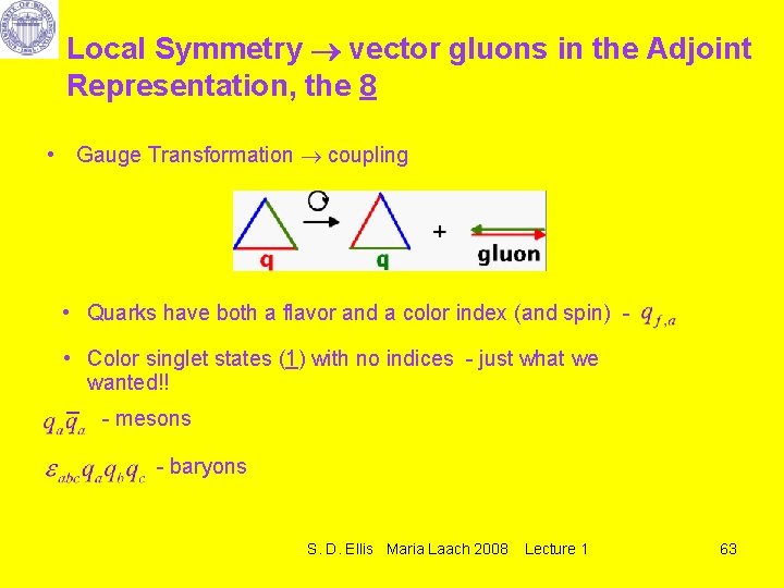 Local Symmetry vector gluons in the Adjoint Representation, the 8 • Gauge Transformation coupling