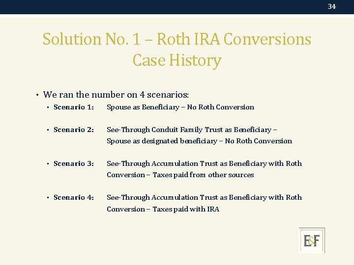 34 Solution No. 1 – Roth IRA Conversions Case History • We ran the