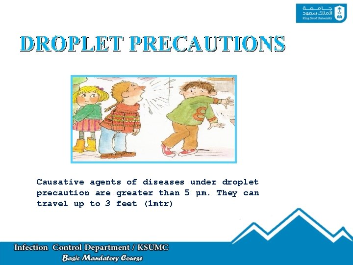 DROPLET PRECAUTIONS Causative agents of diseases under droplet precaution are greater than 5 μm.