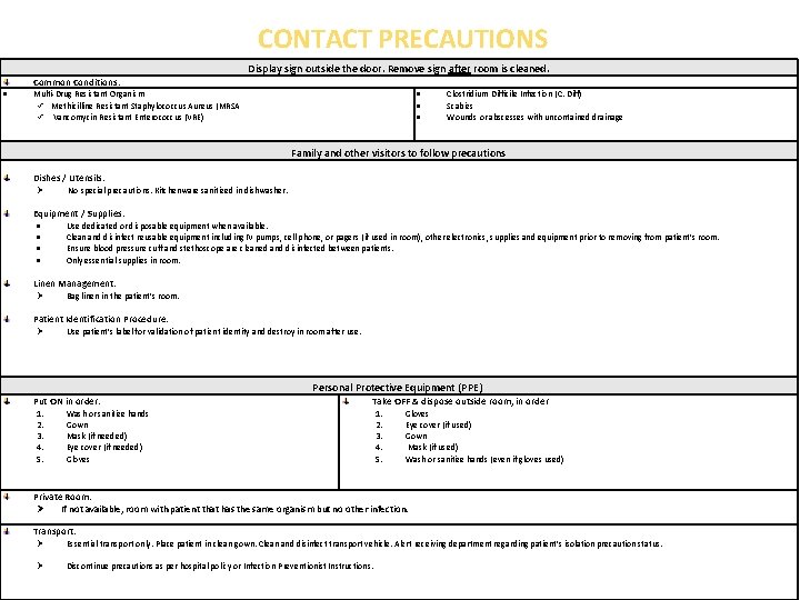 CONTACT PRECAUTIONS Display sign outside the door. Remove sign after room is cleaned. Common