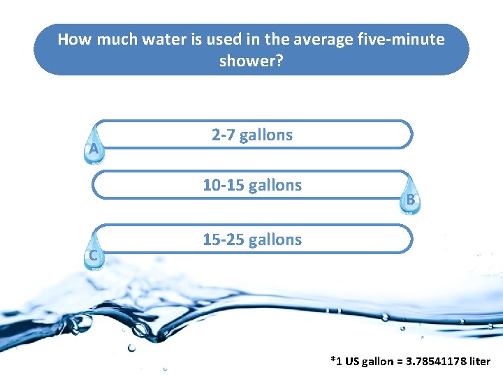 How much water is used in the average five-minute shower? A 2 -7 gallons