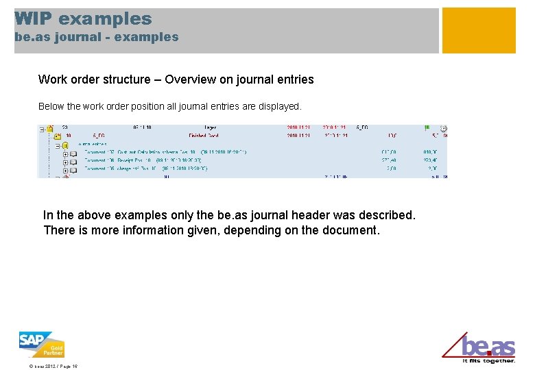 WIP examples be. as journal - examples Work order structure – Overview on journal