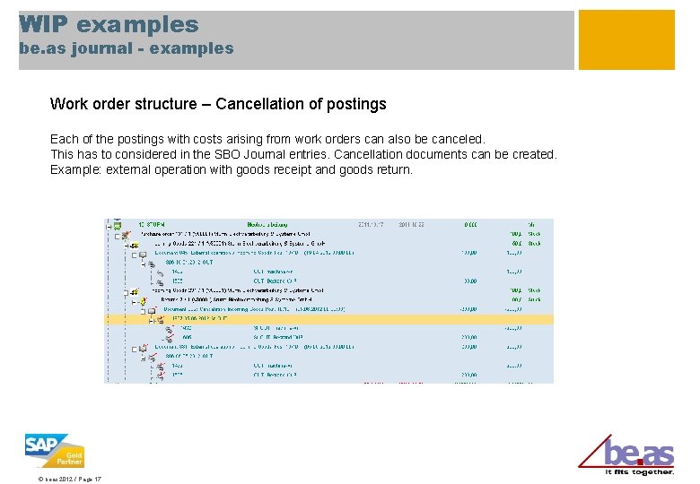 WIP examples be. as journal - examples Work order structure – Cancellation of postings