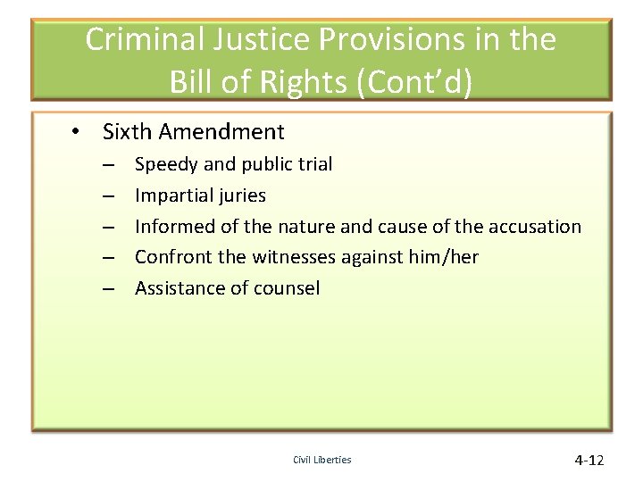 Criminal Justice Provisions in the Bill of Rights (Cont’d) • Sixth Amendment – –