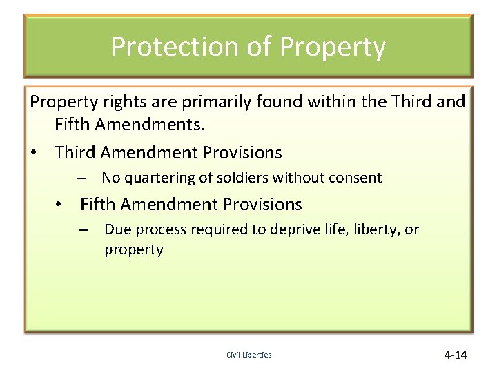 Protection of Property rights are primarily found within the Third and Fifth Amendments. •
