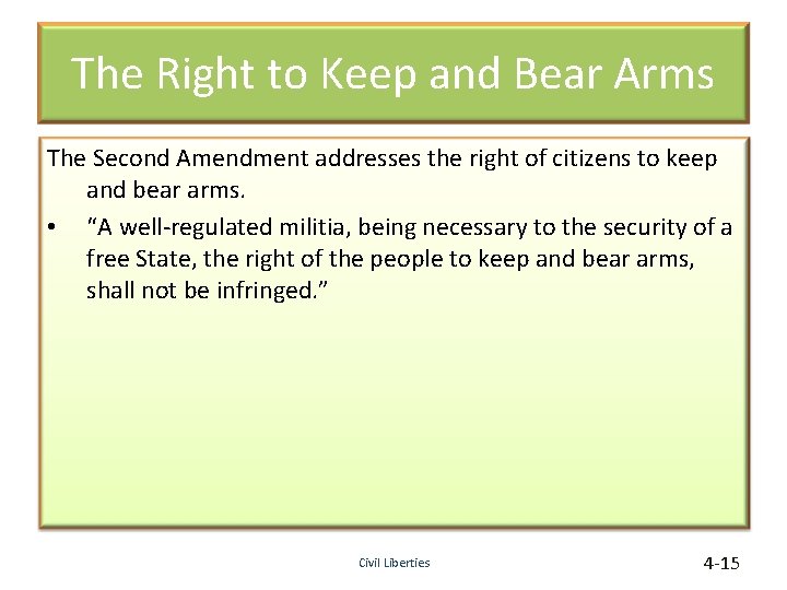 The Right to Keep and Bear Arms The Second Amendment addresses the right of