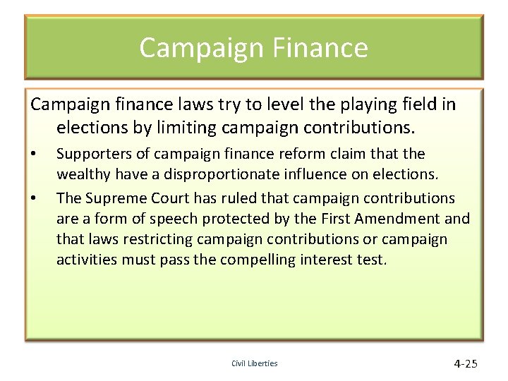 Campaign Finance Campaign finance laws try to level the playing field in elections by