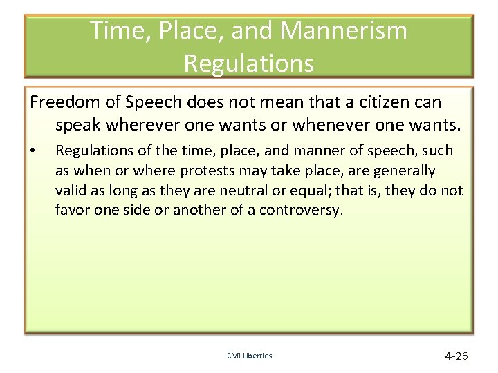 Time, Place, and Mannerism Regulations Freedom of Speech does not mean that a citizen