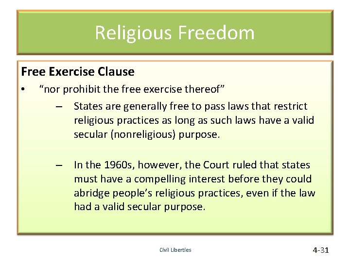 Religious Freedom Free Exercise Clause • “nor prohibit the free exercise thereof” – States