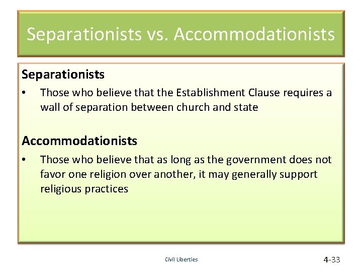 Separationists vs. Accommodationists Separationists • Those who believe that the Establishment Clause requires a