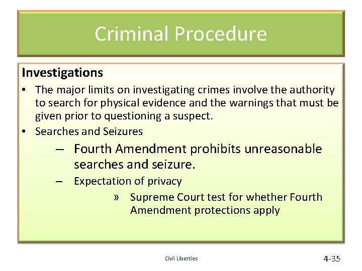 Criminal Procedure Investigations • The major limits on investigating crimes involve the authority to
